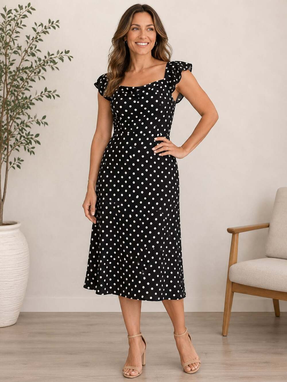 Parthea Women's Black Polka Dot Midi Dress with Flutter Sleeves/Smocked Bodice